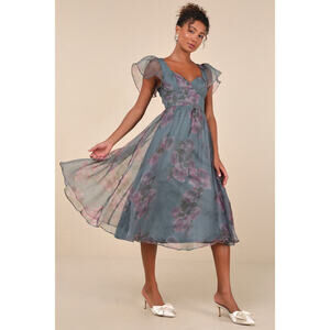 Lulus Mesmerizing Mood Slate Floral Organza Ruffled A-line Midi Dress Grey